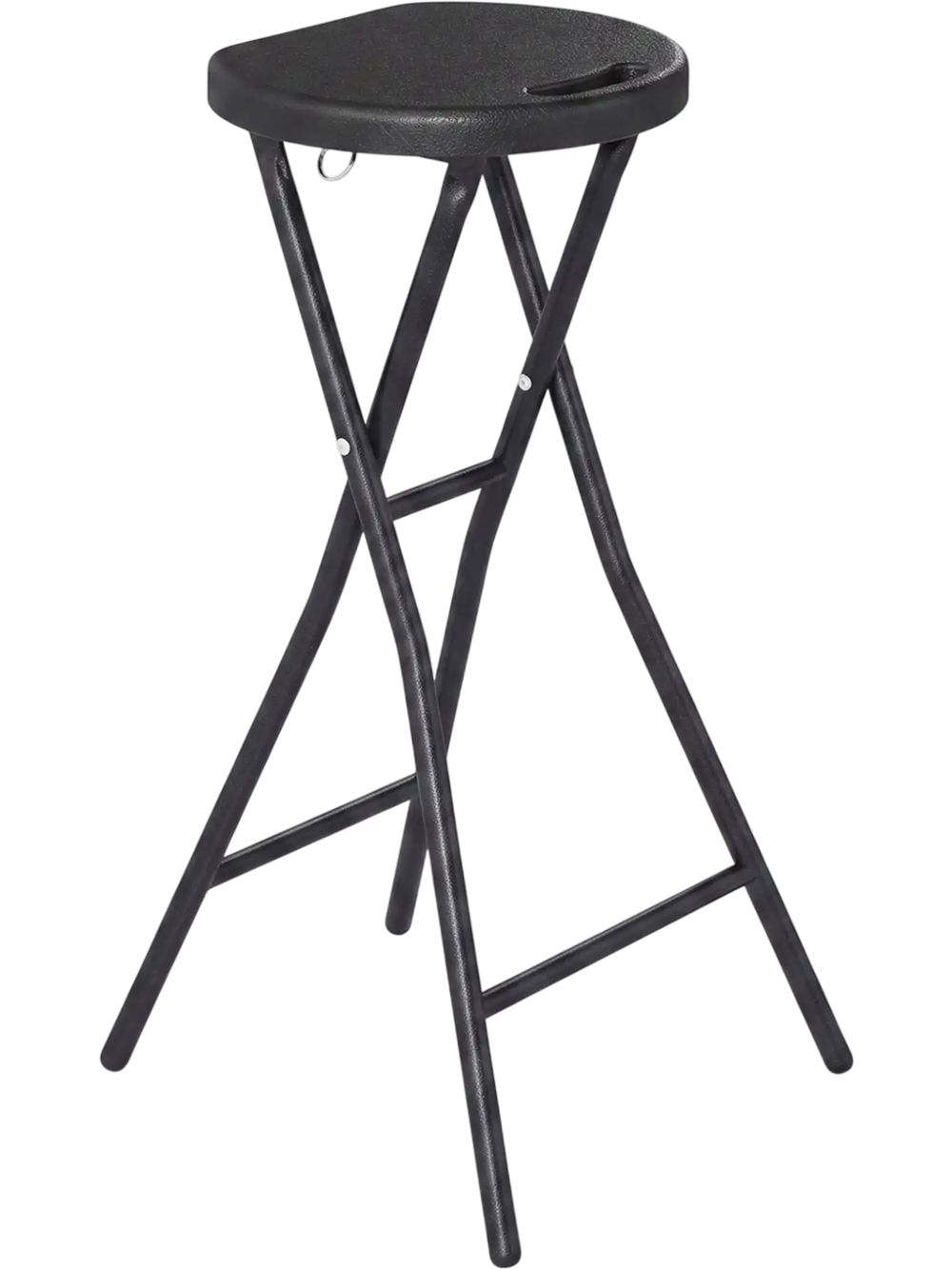 Folding bar stool with HDPE seat and powder-coated metal frame, ideal for kitchen bars and outdoor use.