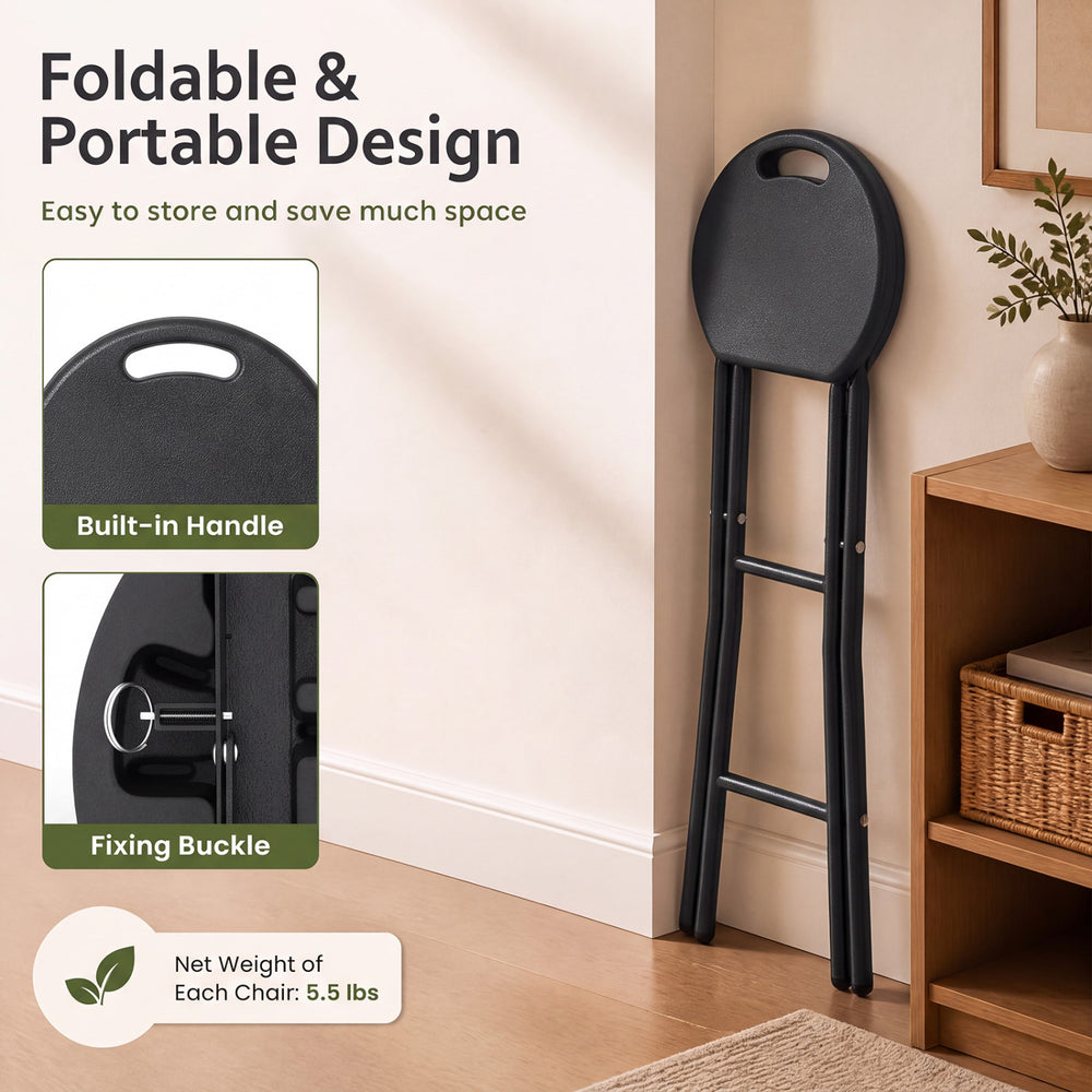 Folding bar stool with HDPE seat and carry handle, featuring a powder-coated metal frame for kitchen and patio use.