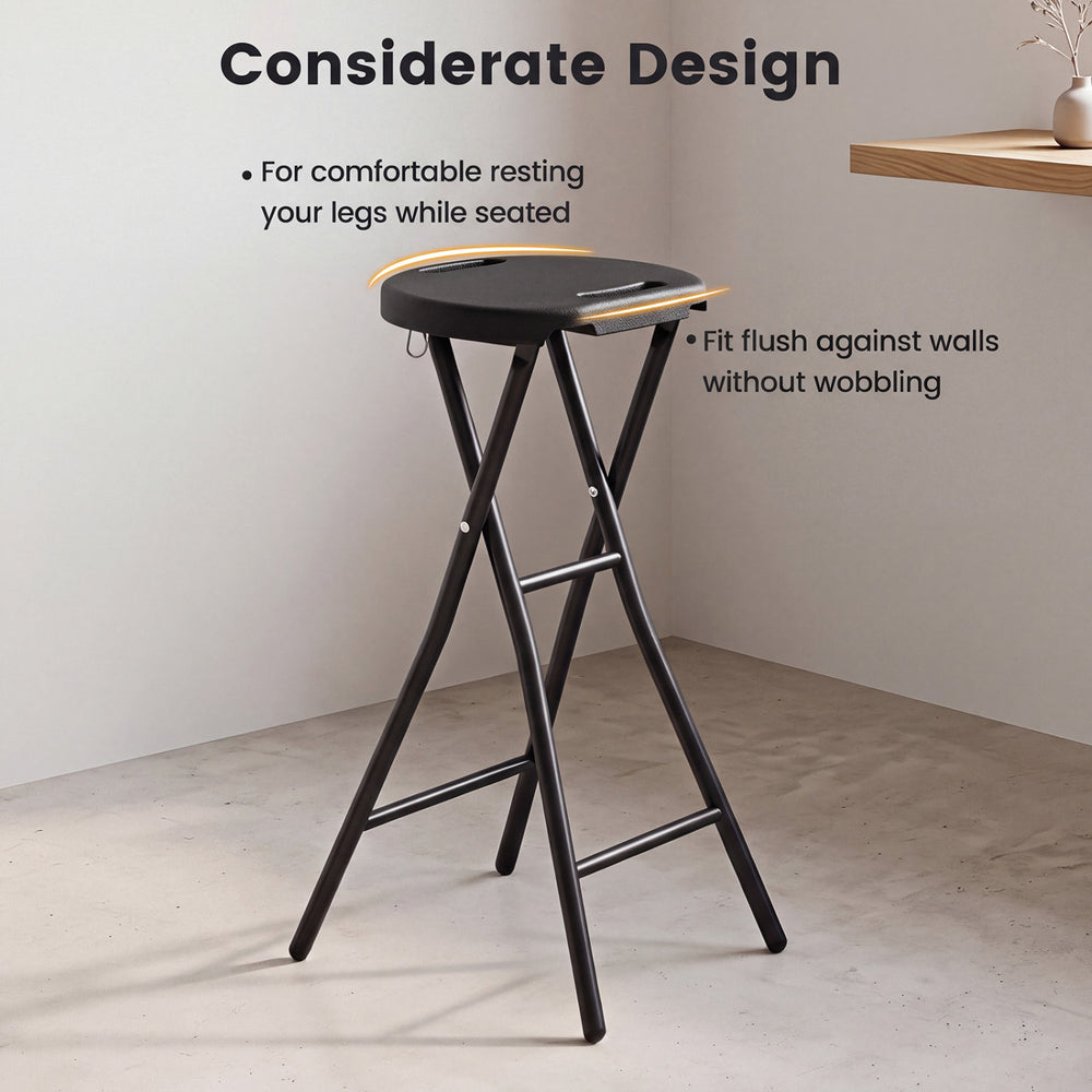Folding bar stool with HDPE seat and powder-coated metal frame, ideal for kitchen bars and easy to transport.
