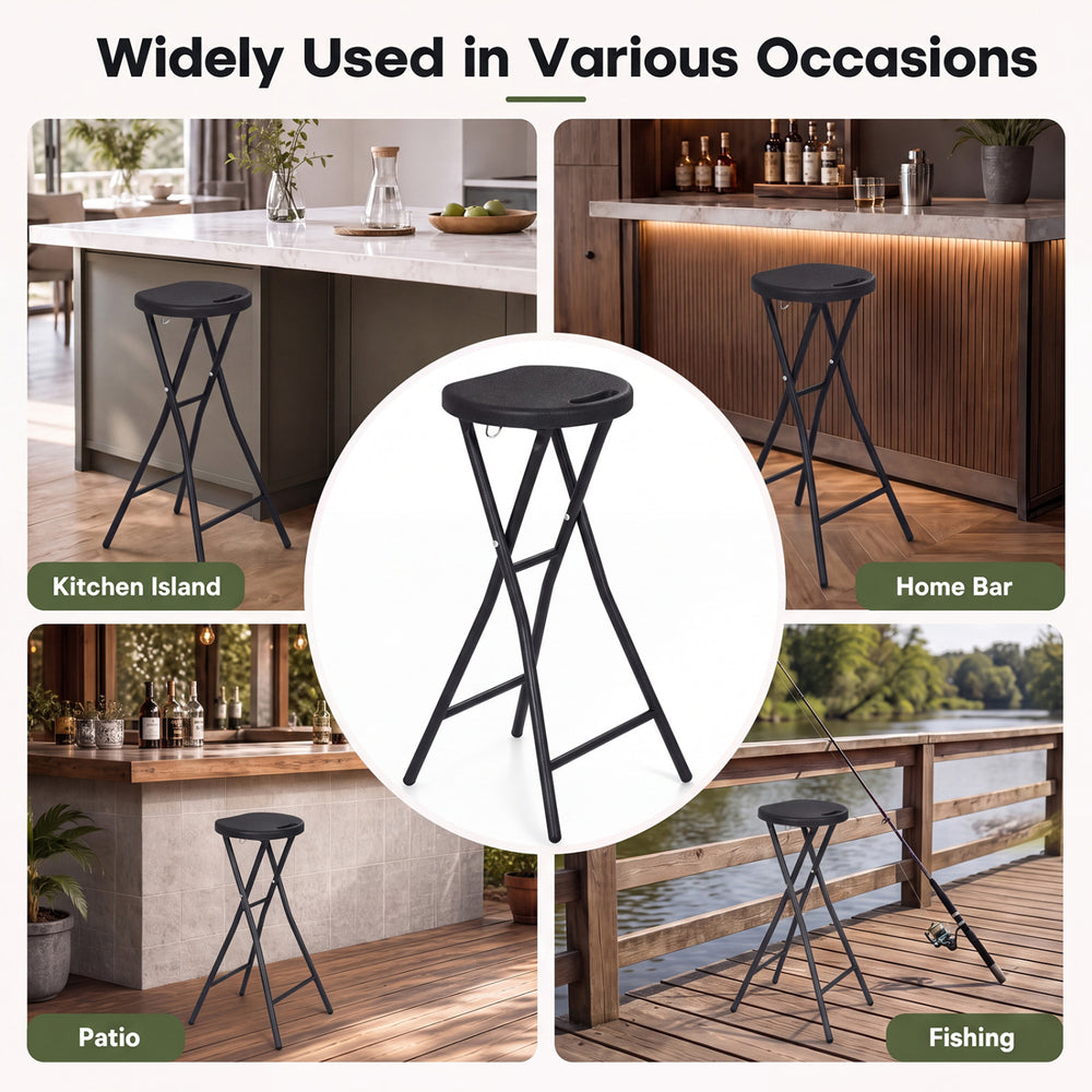 Folding bar stool with HDPE seat and powder-coated metal frame, ideal for kitchen islands, home bars, and patios.