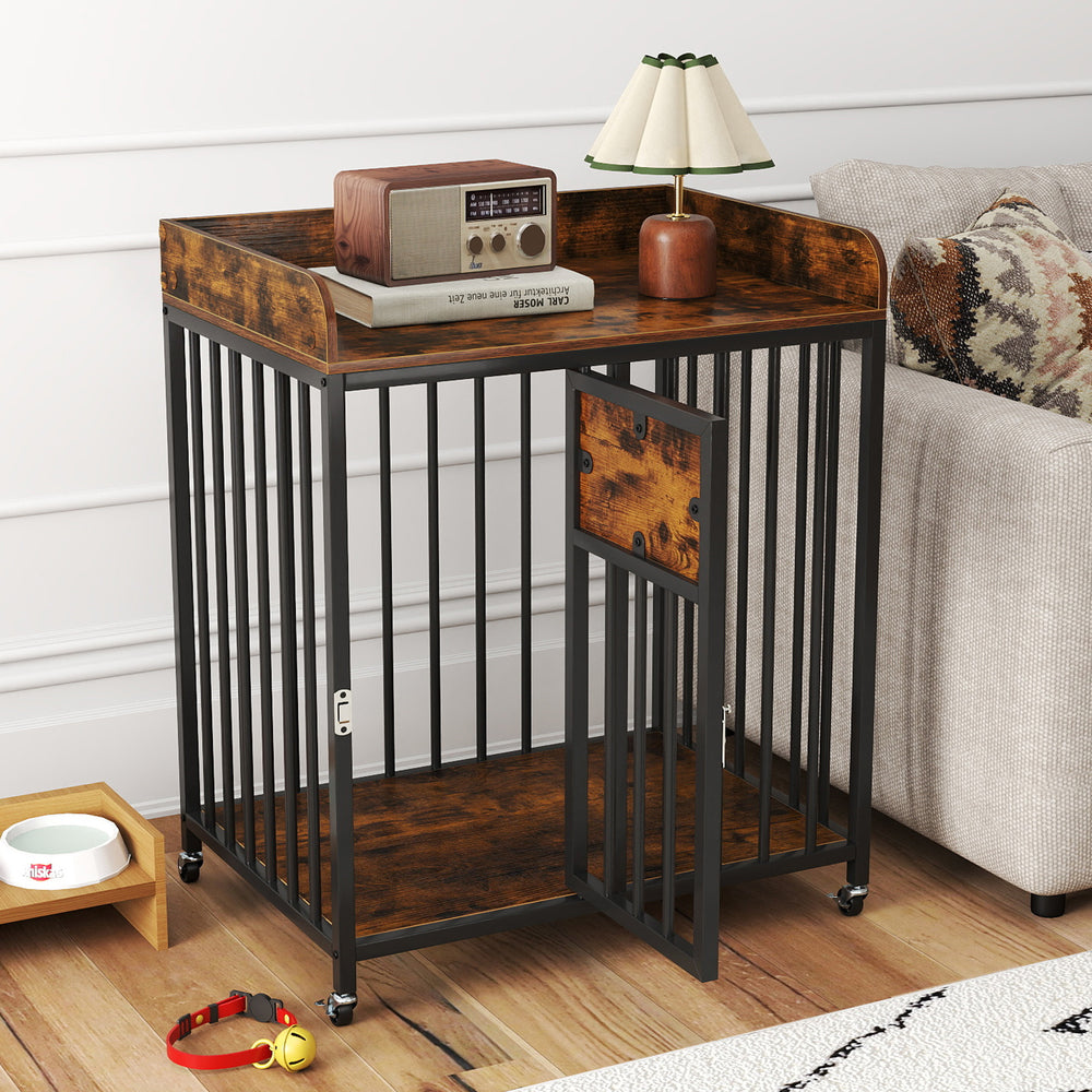Rustic brown dog crate furniture with wheels, featuring a large tabletop and lockable front door for small dogs and.