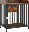 Rustic brown dog crate furniture with wheels, sturdy metal tubes, and a large tabletop for small dogs and puppies.