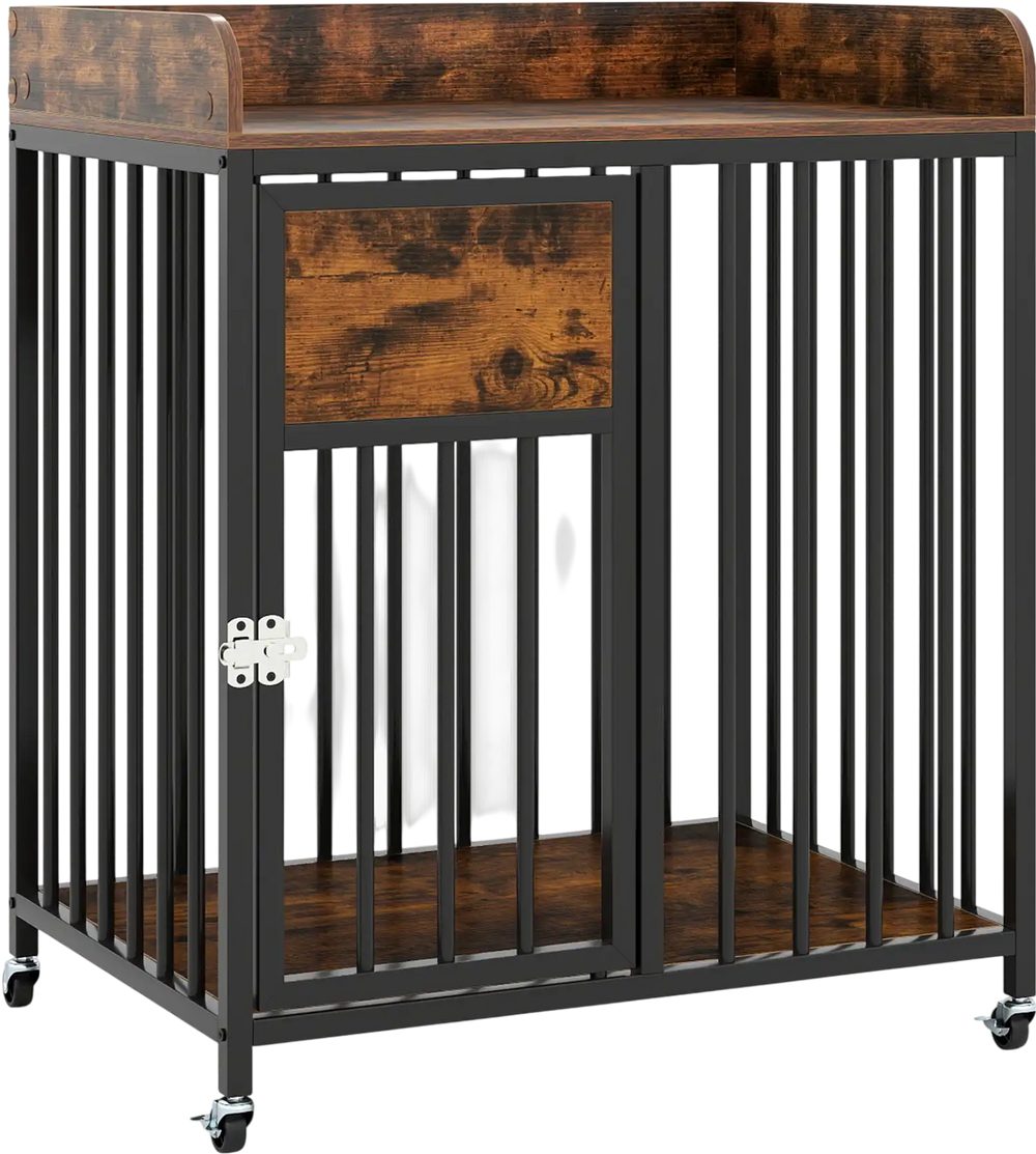 Rustic brown dog crate furniture with wheels, sturdy metal tubes, and a large tabletop for small dogs and puppies.