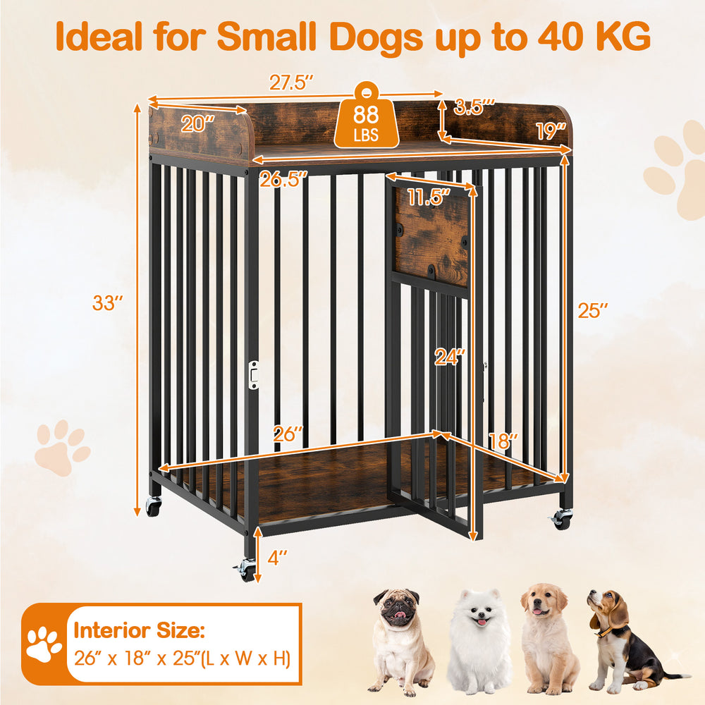 Rustic brown 27.5-inch dog crate furniture with wheels, ideal for small dogs, featuring a large tabletop and lockable.