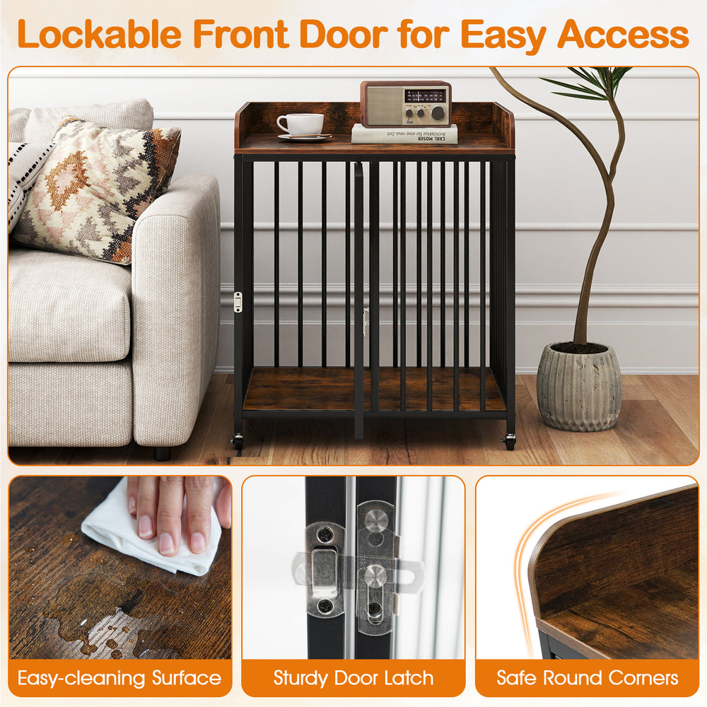 27.5-inch rustic brown dog crate furniture with lockable front door, sturdy metal tubes, and wheels for easy mobility.