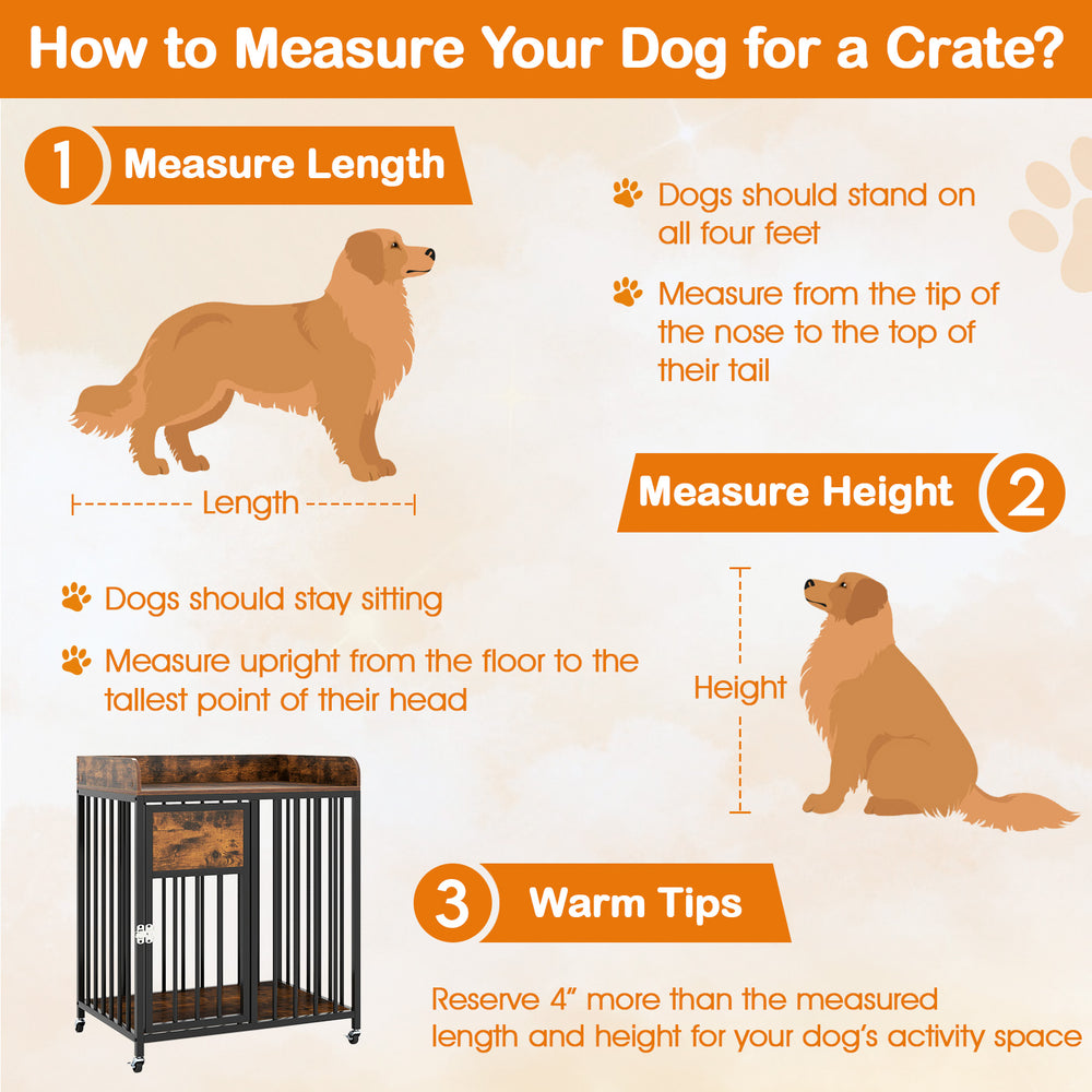 Rustic brown 27.5-inch dog crate furniture with wheels, featuring a large tabletop and lockable front door for small.