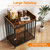 Rustic brown dog crate furniture with large tabletop, protective guardrail, and wheels for easy mobility and access.