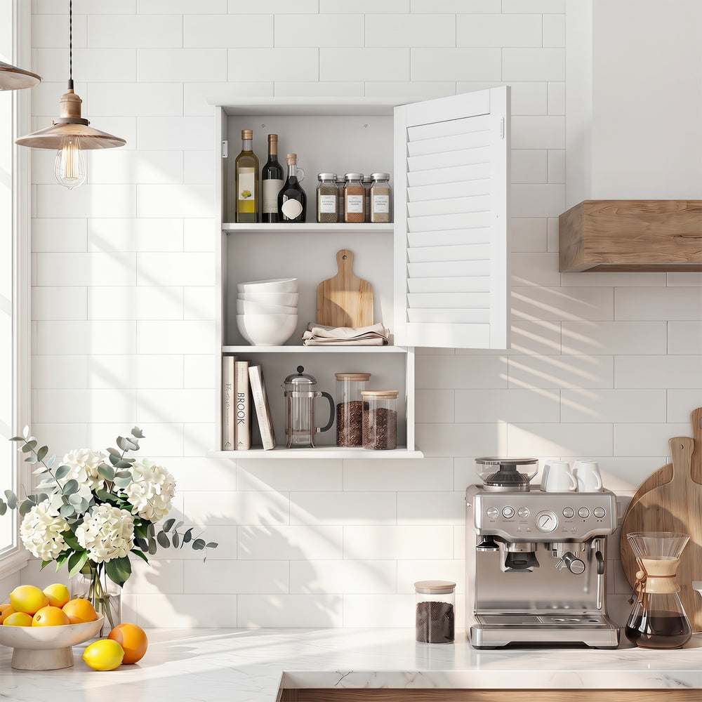 Wall hanging bathroom storage cabinet in white with adjustable shelves, ideal for organizing small spaces in kitchens or bathrooms.