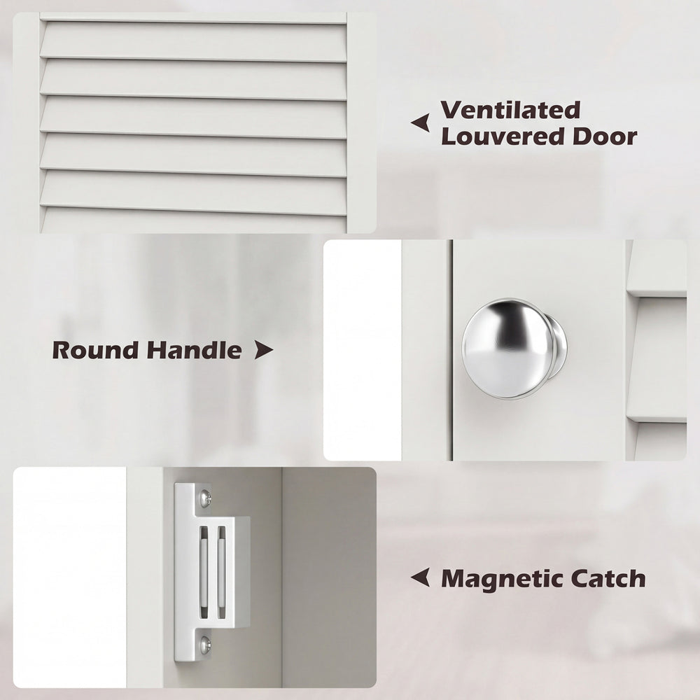 Ventilated louvered door and round handle of the 27.5-inch wall hanging bathroom storage cabinet for organized storage.