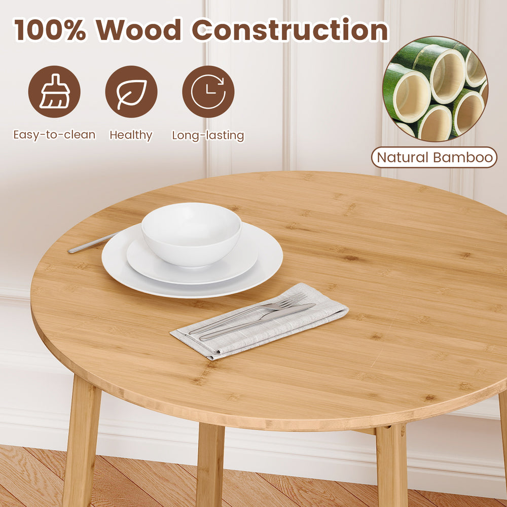 Round bamboo dining table for 2-4 people, featuring smooth corners and a durable, easy-to-clean surface for casual.