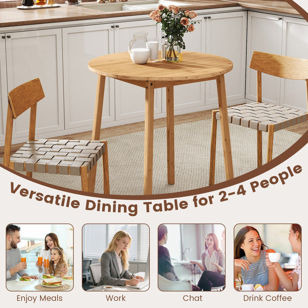 27.5-inch round bamboo dining table for 2-4 people, featuring smooth corners and non-slip foot pads for safety.