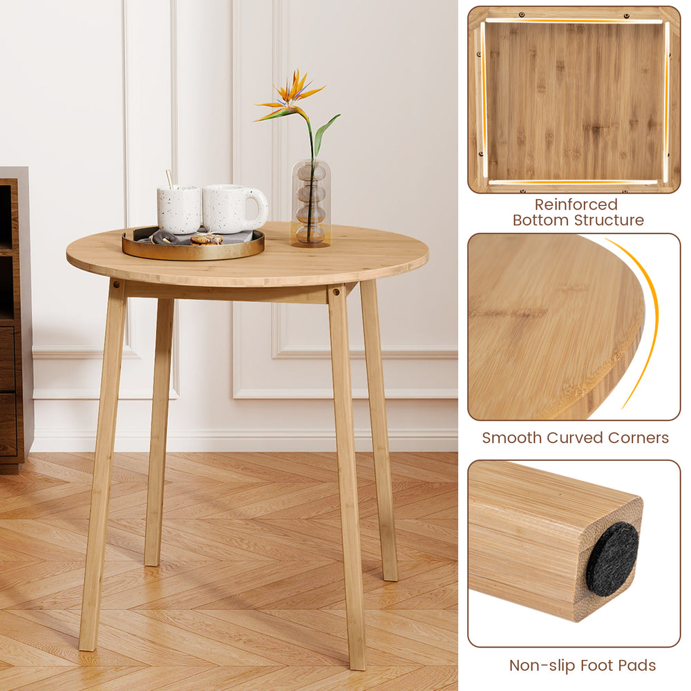 Round bamboo dining table with smooth curved corners, reinforced structure, and non-slip foot pads for 2-4 persons.