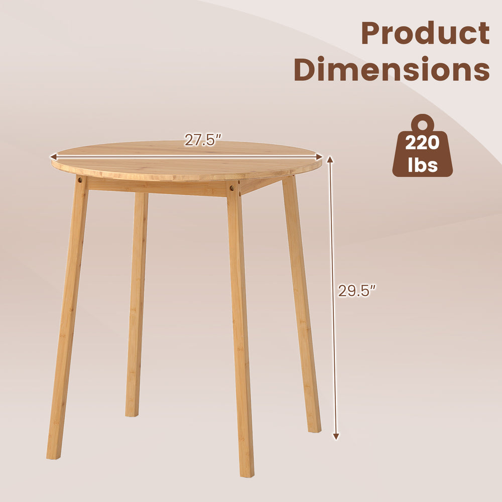Round bamboo dining table with dimensions 27.5 inches, suitable for 2-4 people, ideal for small spaces.