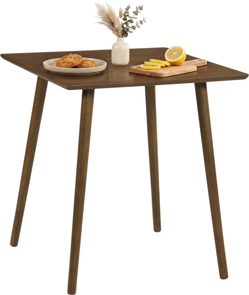 Small square walnut dining table for 2-4 people with rounded corners and solid rubber wood legs, ideal for compact spaces.