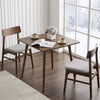 Small square walnut dining table with rounded corners, seats 2-4, perfect for compact dining spaces.