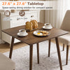 Square wooden dining table with walnut finish, seats 2-4, featuring rounded corners and easy-to-clean surface for compact spaces.