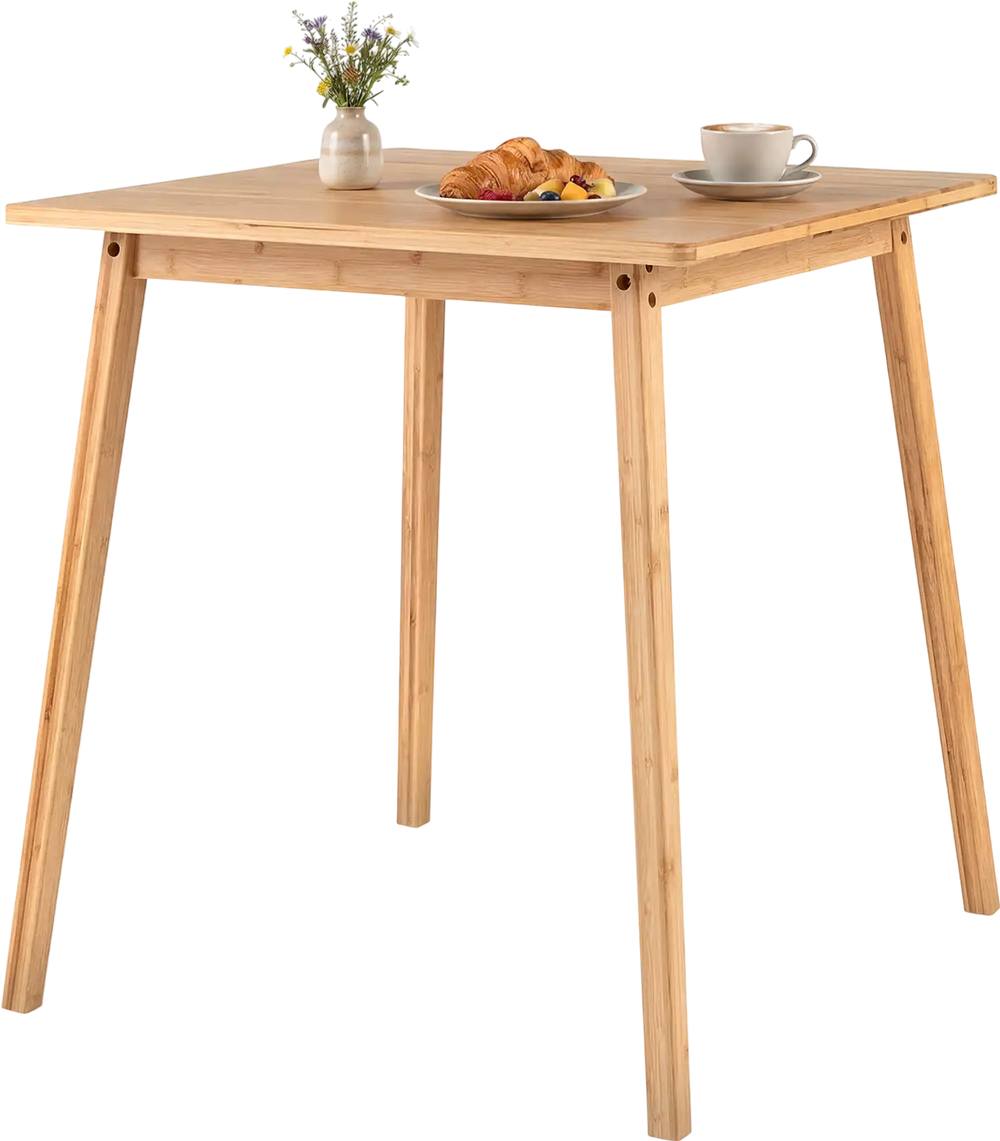 Square bamboo dining table with a natural finish, suitable for 2-4 people, ideal for compact spaces and breakfast nooks.