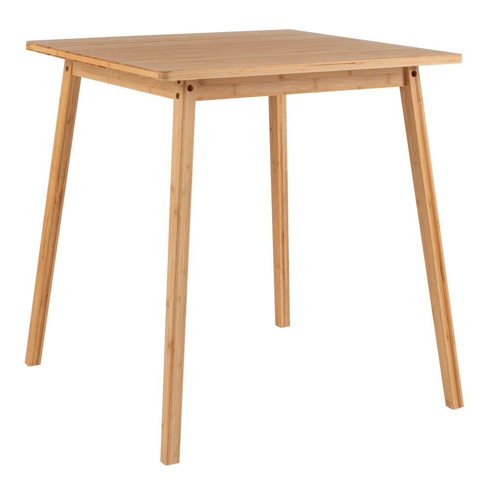 Square bamboo dining table with sturdy frame, designed for 2-4 people, perfect for compact spaces and mid-century style.