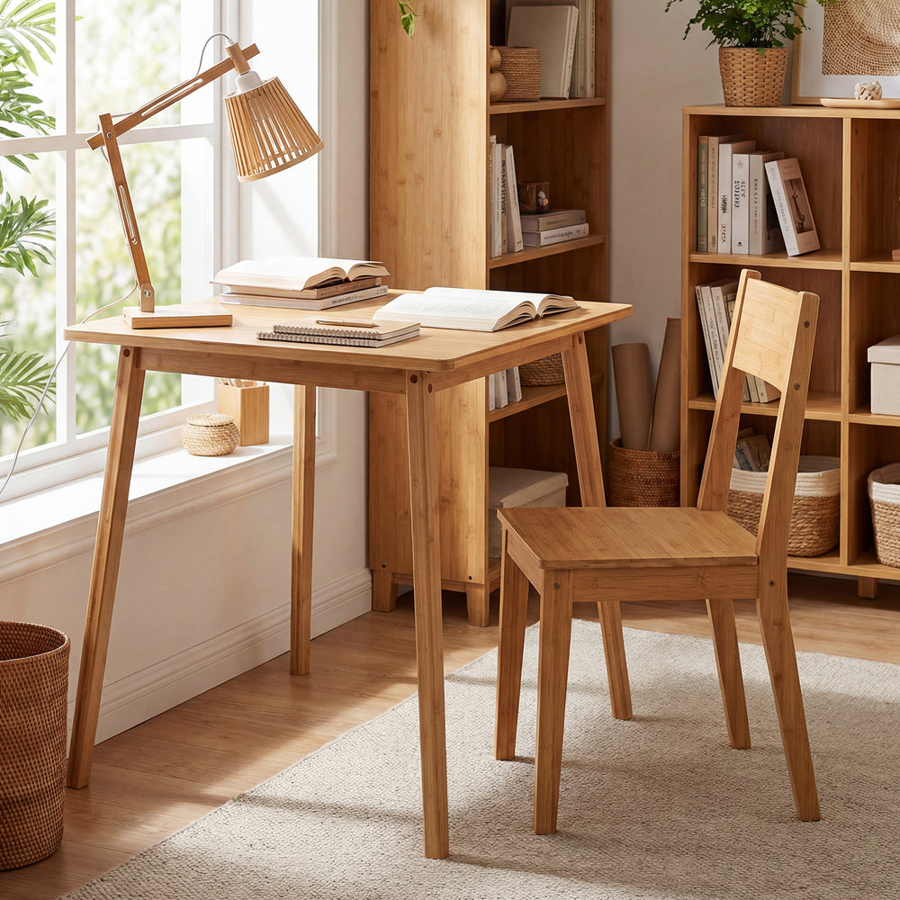 Square bamboo dining table for 2-4 people with a natural finish, ideal for compact spaces and mid-century style.