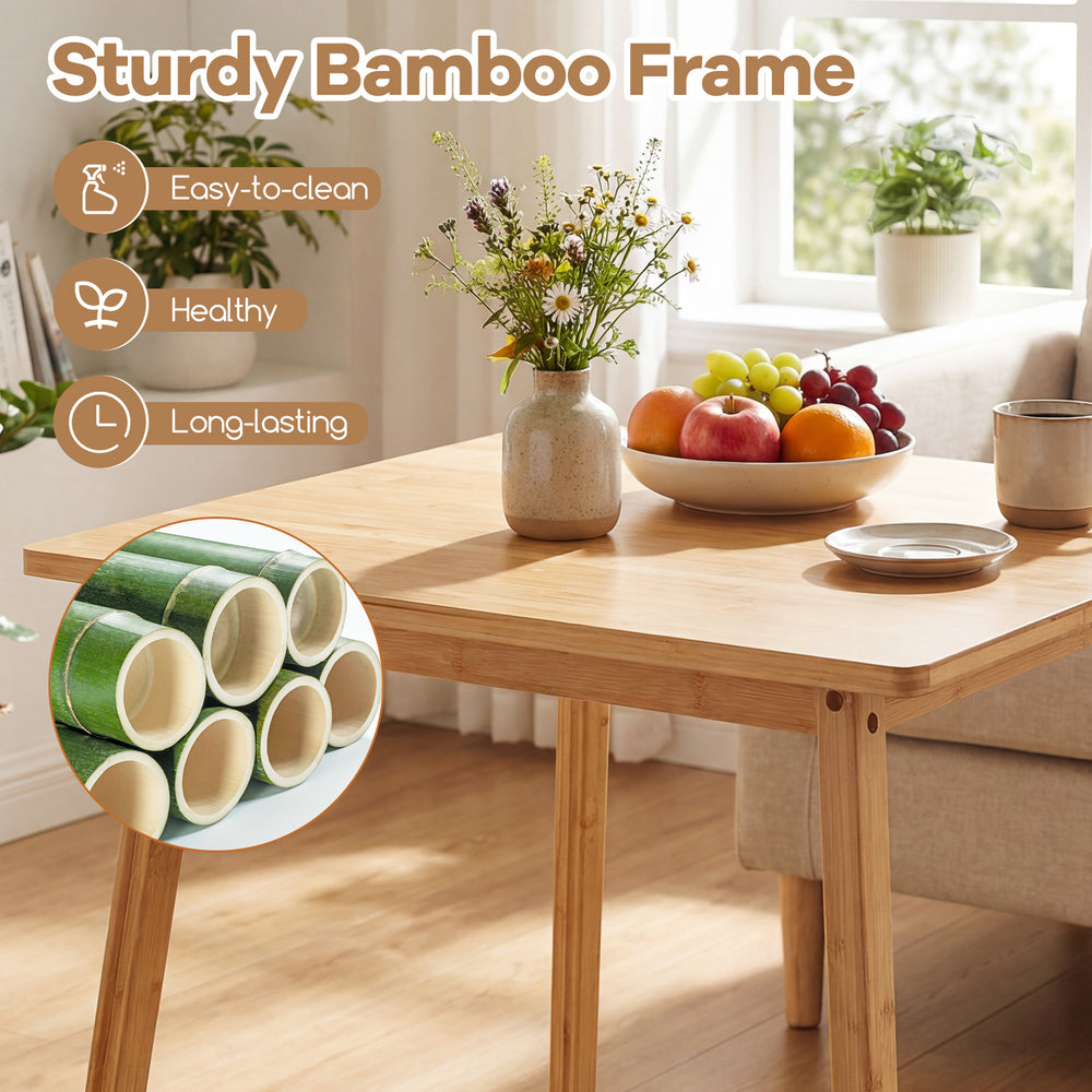 Square bamboo dining table for 2-4 people with sturdy frame, smooth corners, and non-slip foot pads for safety.