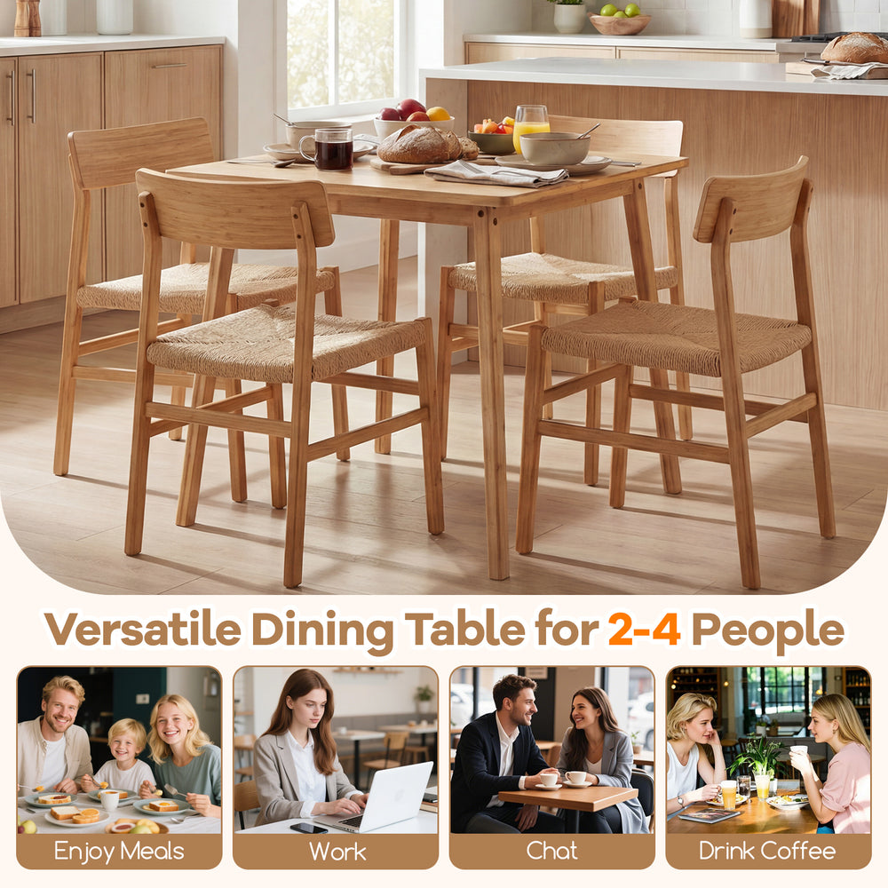 27.5-inch square bamboo dining table for 2-4 people, featuring a natural finish and compact design for versatile use.