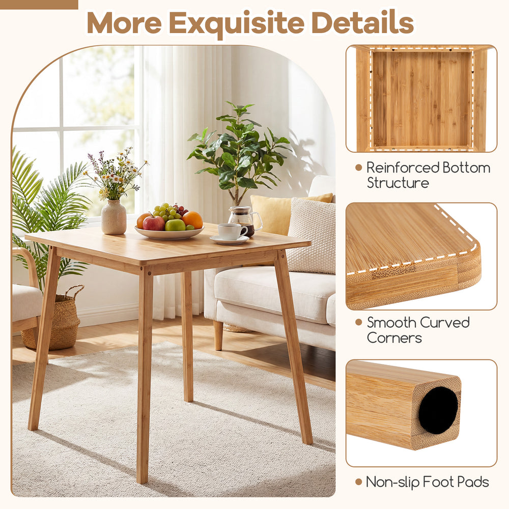 27.5-inch square bamboo dining table with smooth curved corners and non-slip foot pads, perfect for 2-4 people.