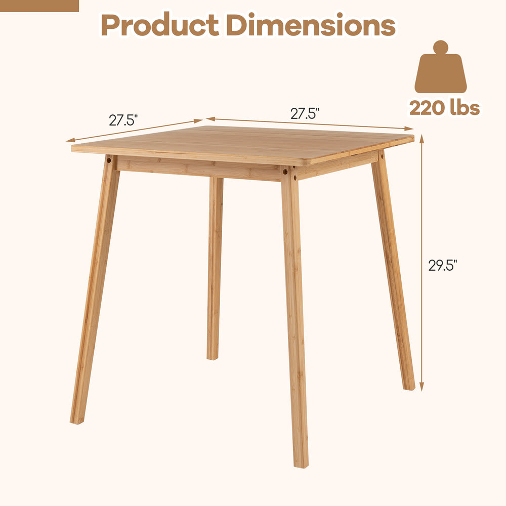 27.5-inch square bamboo dining table with sturdy frame, ideal for 2-4 people, perfect for compact spaces.