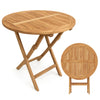 Round 27.5" outdoor folding dining table made of sturdy teak wood with a slatted tabletop, ideal for small garden spaces.