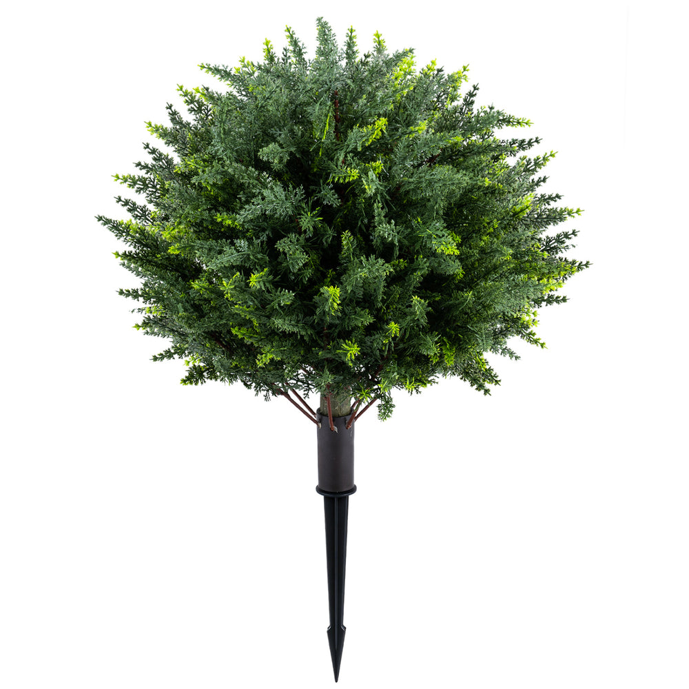 27.5-inch artificial cypress topiary tree with ground spikes, featuring dense foliage for realistic outdoor decoration.