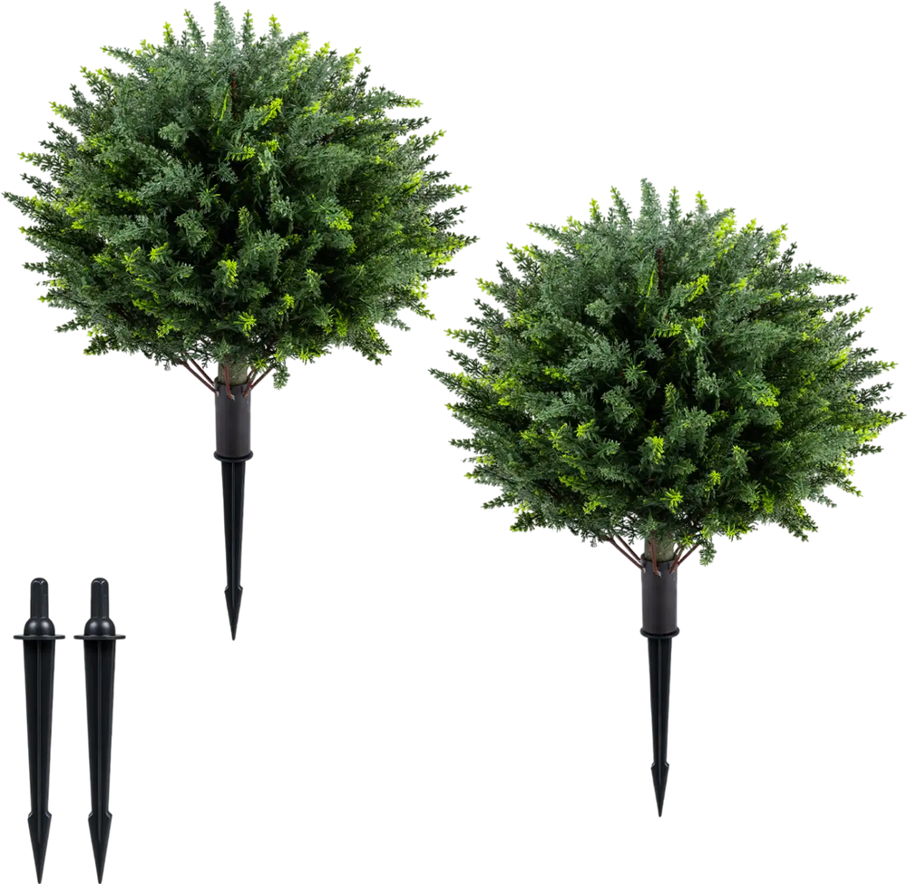 Set of 2 artificial cypress topiary trees, 27.5 inches tall, featuring realistic foliage and durable PE material for outdoor use.