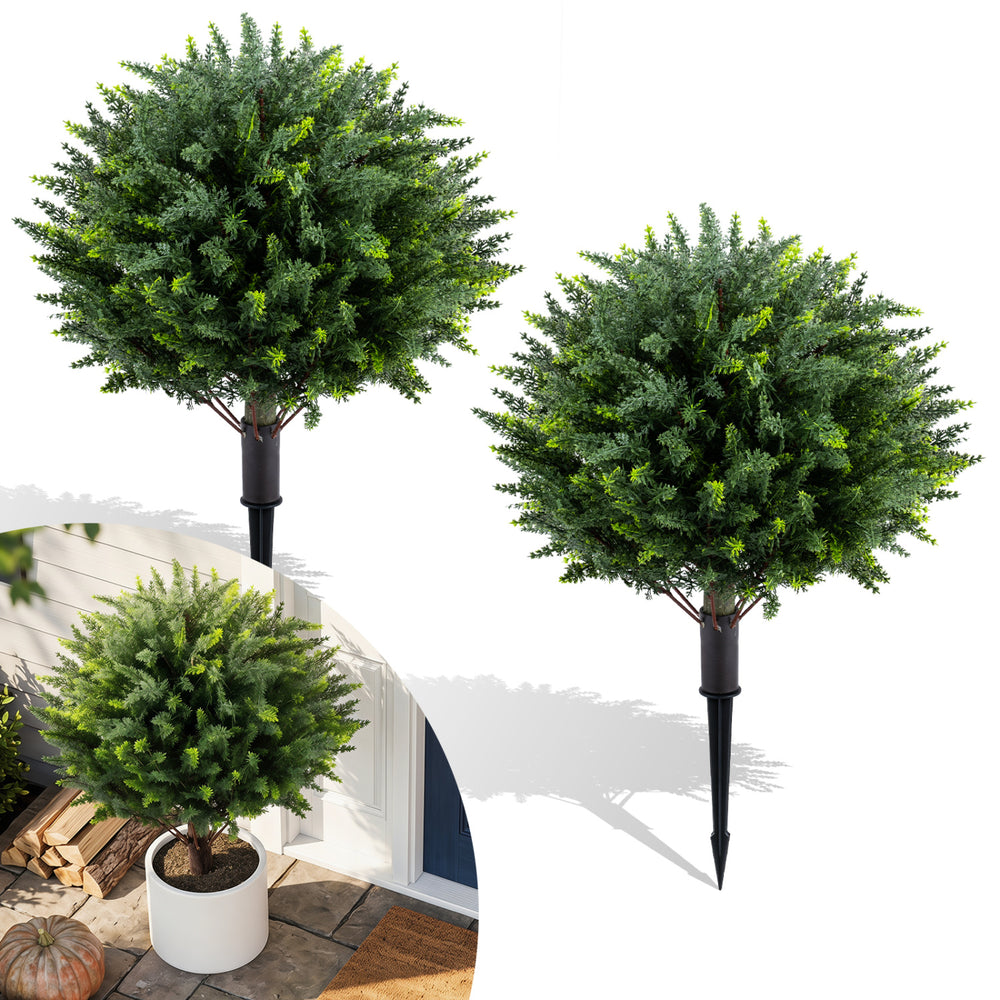 27.5 inch artificial cypress topiary tree with ground spikes, featuring dense foliage for outdoor decoration and easy relocation.