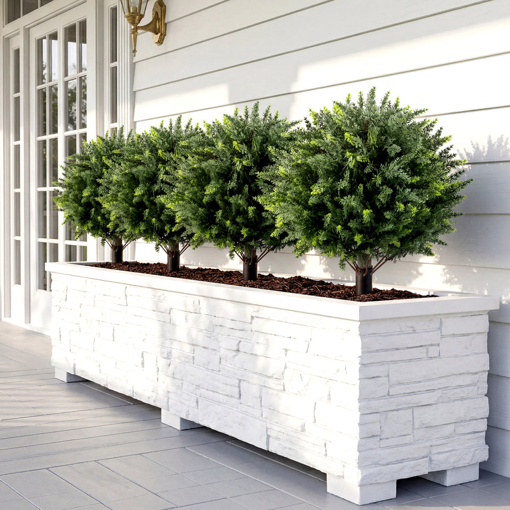 Two 27.5-inch artificial cypress topiary trees with dense foliage and natural trunks, perfect for outdoor decor.