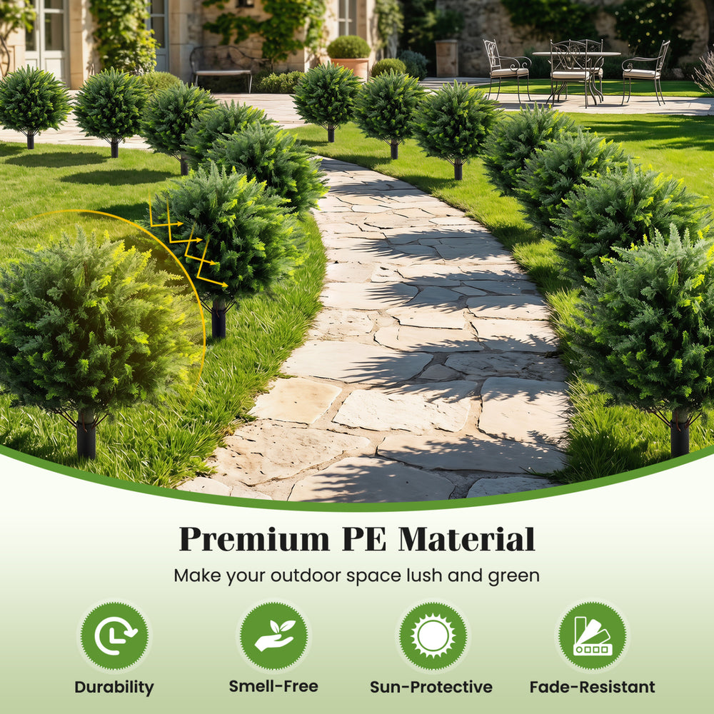 27.5 inch artificial cypress topiary trees with ground spikes, featuring dense foliage for realistic outdoor decoration.