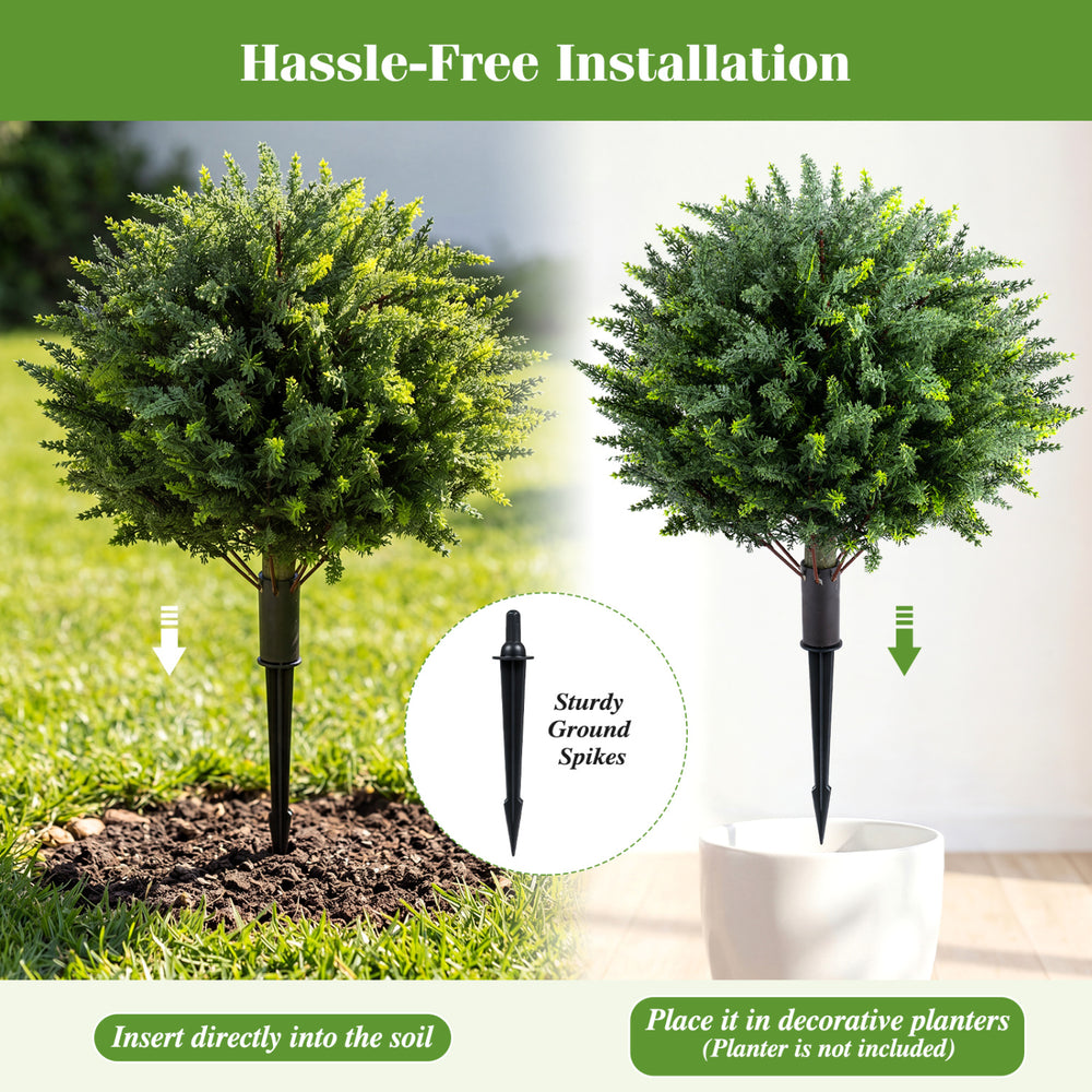 27.5 inch artificial cypress topiary tree with ground spikes, featuring dense foliage for realistic outdoor decoration.
