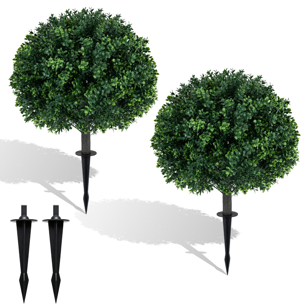 Set of 2 artificial 27" boxwood topiary trees with ground spikes, ideal for enhancing porches and patios.