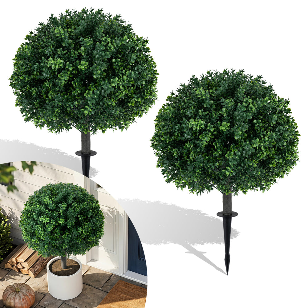 27" artificial boxwood topiary trees set of 2 with ground spikes, ideal for enhancing porches and patios.