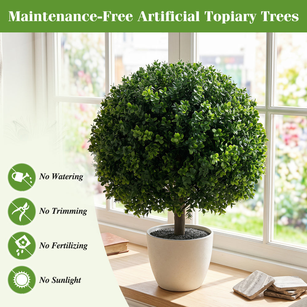 27" artificial boxwood topiary tree with dense foliage, designed for maintenance-free outdoor use on patios and porches.