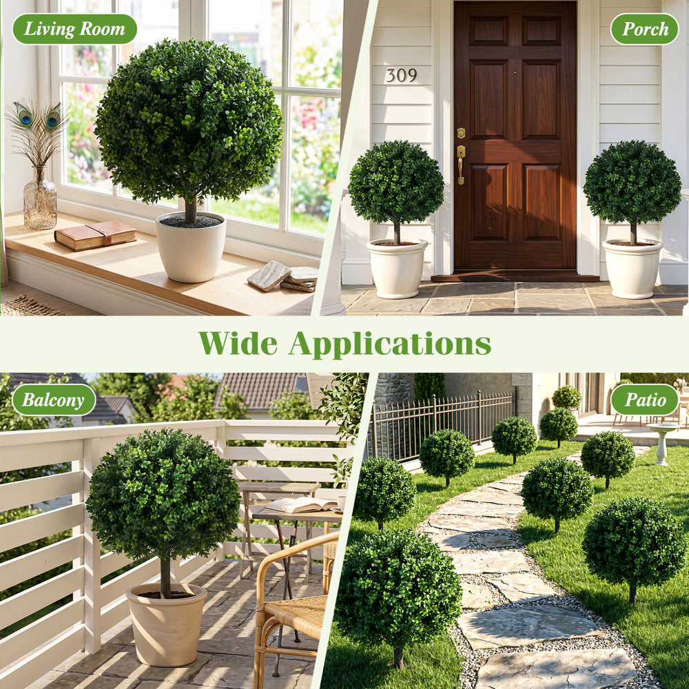 27" artificial boxwood topiary tree with dense foliage, ideal for porch, patio, balcony, or garden decoration.