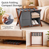 Bamboo luggage rack set of 2 with gray compartments, featuring quick folding and large storage for up to 28-inch luggage.