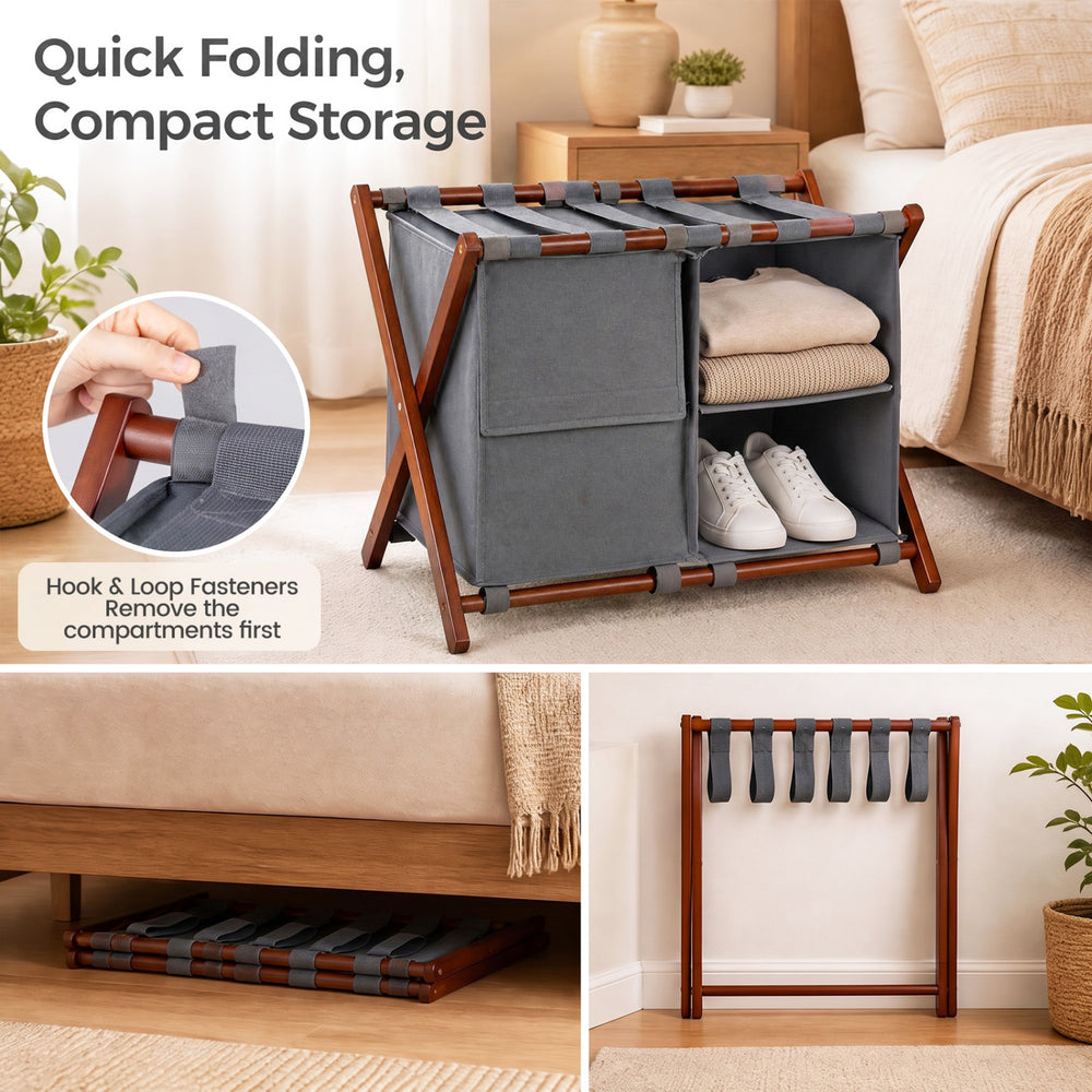 Bamboo luggage rack set of 2 with gray compartments, featuring quick folding and large storage for up to 28-inch luggage.