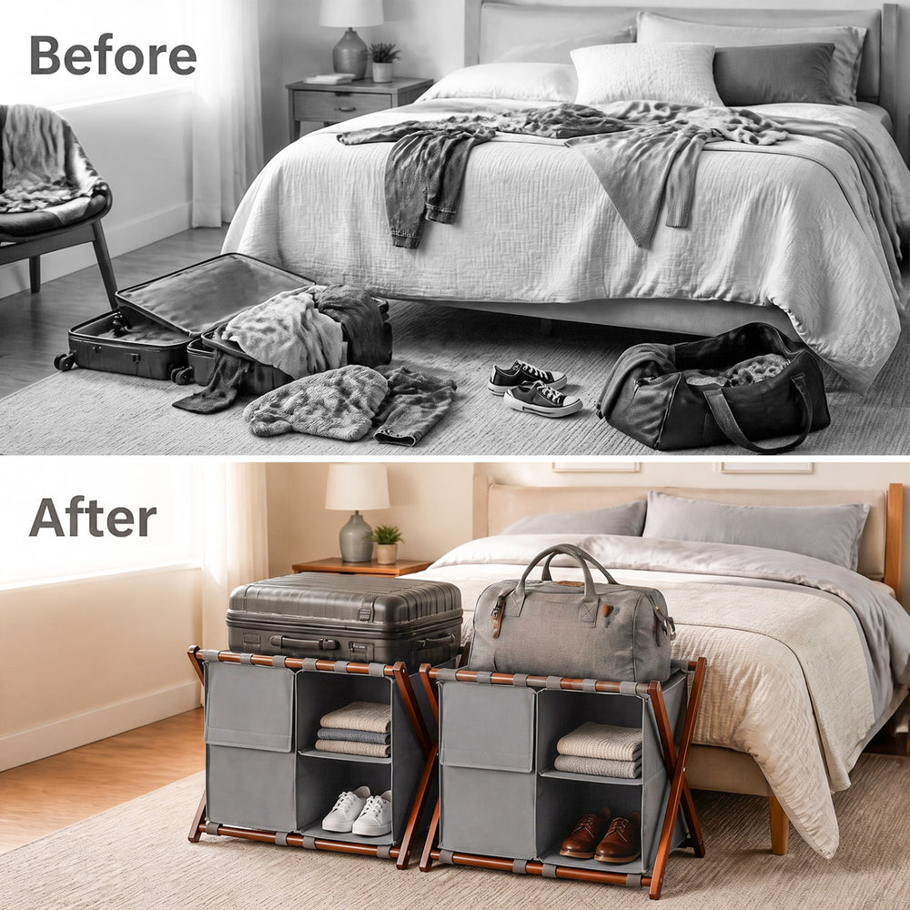 Bamboo luggage rack set of 2 with compartments and nylon straps, ideal for organizing luggage in hotels or homes.