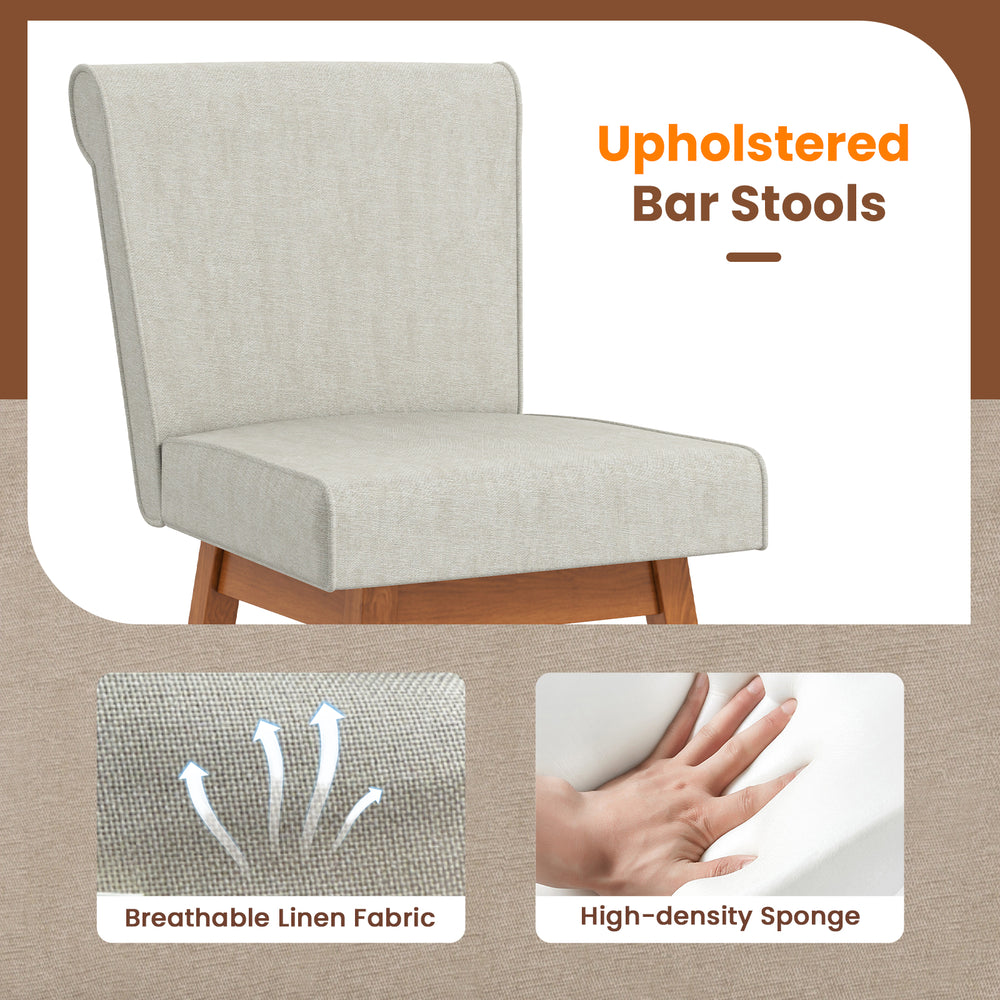 Upholstered bar stool with breathable linen fabric and high-density sponge, ideal for kitchen and dining room use.