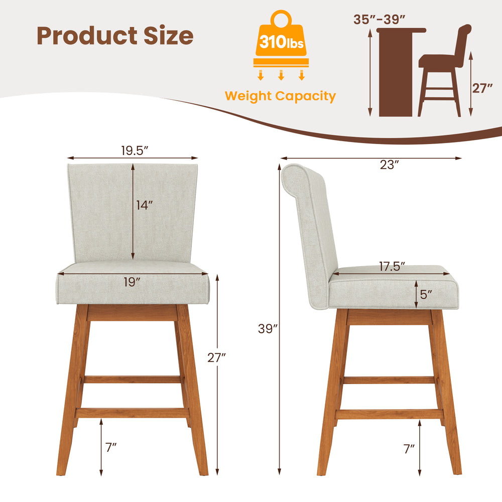 27-inch counter height bar chair set in beige with rubber wood legs, featuring a thick cushion and ergonomic backrest.