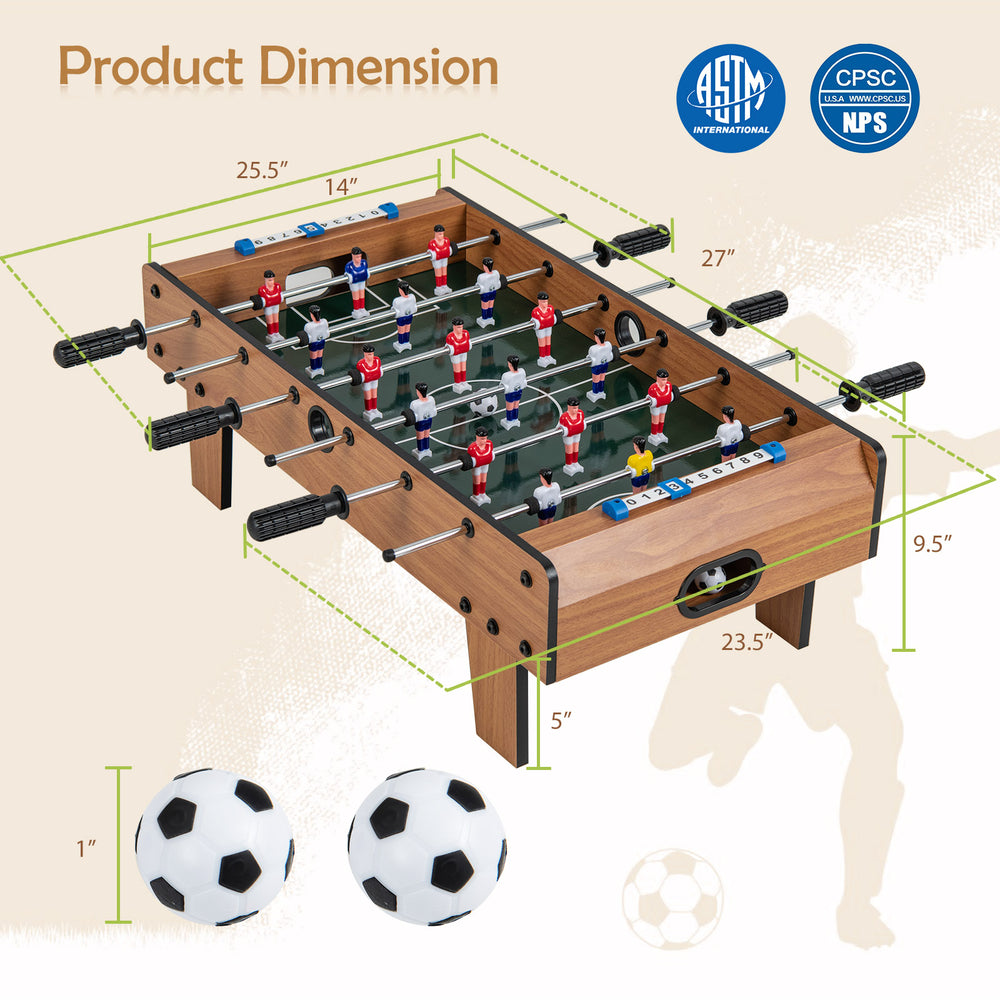 27-inch foosball table dimensions with ergonomic handles and safety features for tabletop soccer fun.