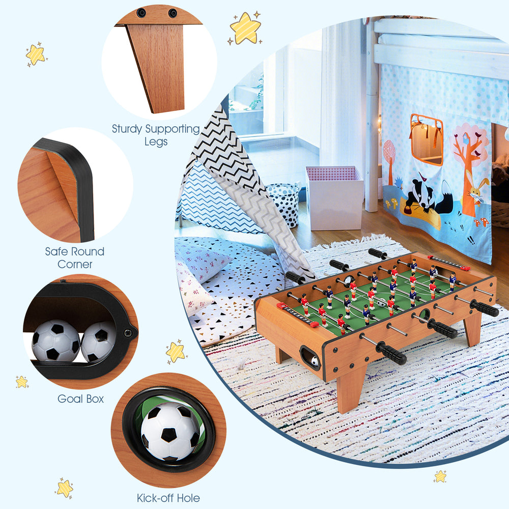 27-inch indoor foosball table with sturdy legs, featuring a goal box, round corners, and included soccer balls.