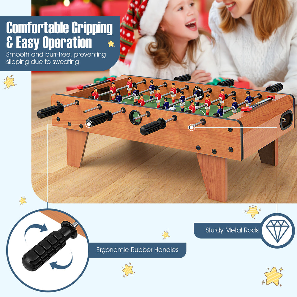 27-inch foosball table featuring ergonomic rubber handles and sturdy metal rods for competitive indoor play.