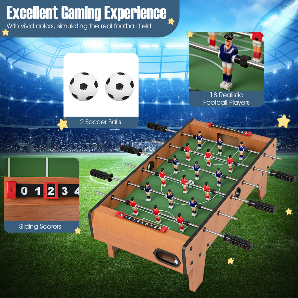 27-inch foosball table featuring 18 players, two soccer balls, and sliding scorers for indoor competition fun.