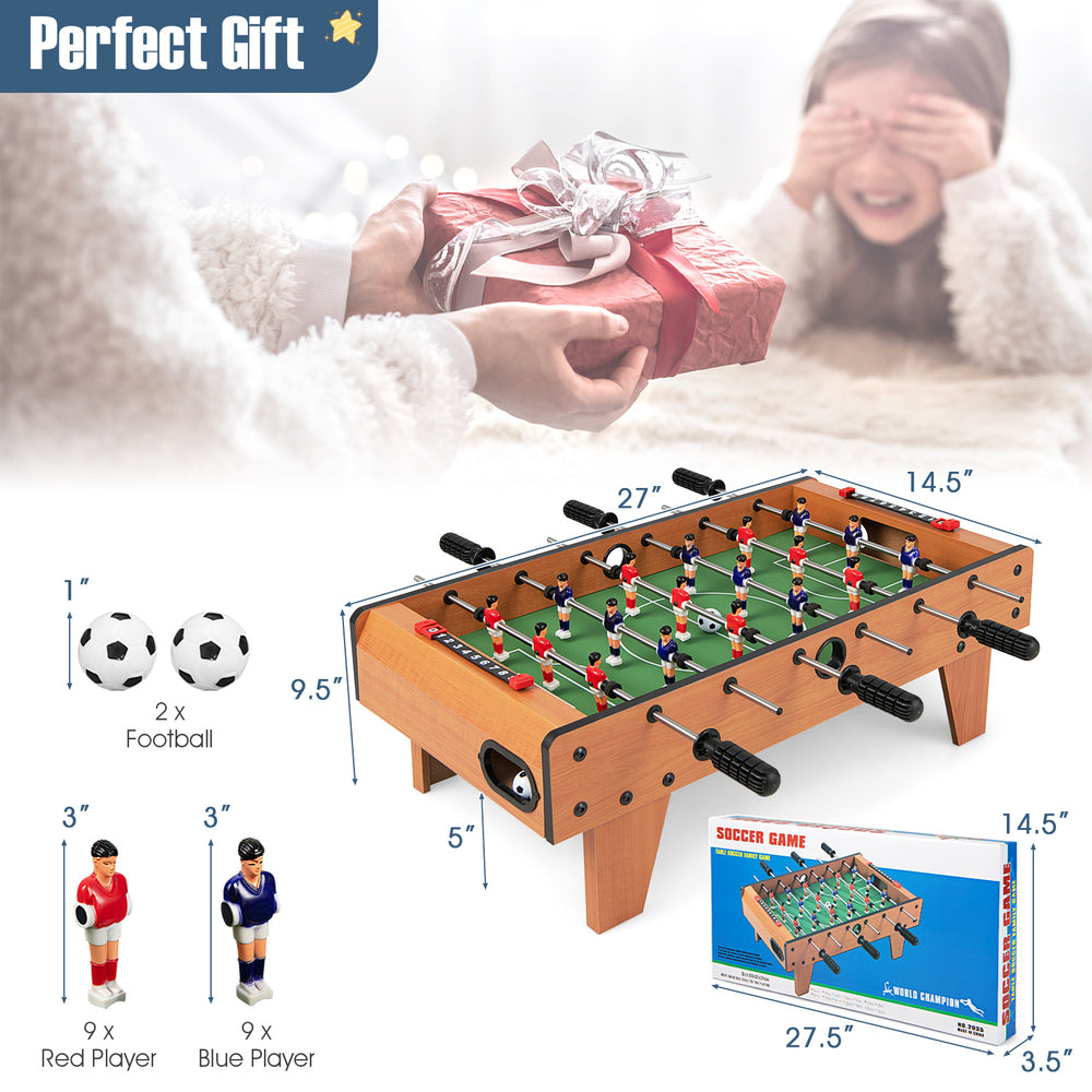 27-inch indoor foosball table with strong wood construction, featuring 18 players and two footballs for competitive.