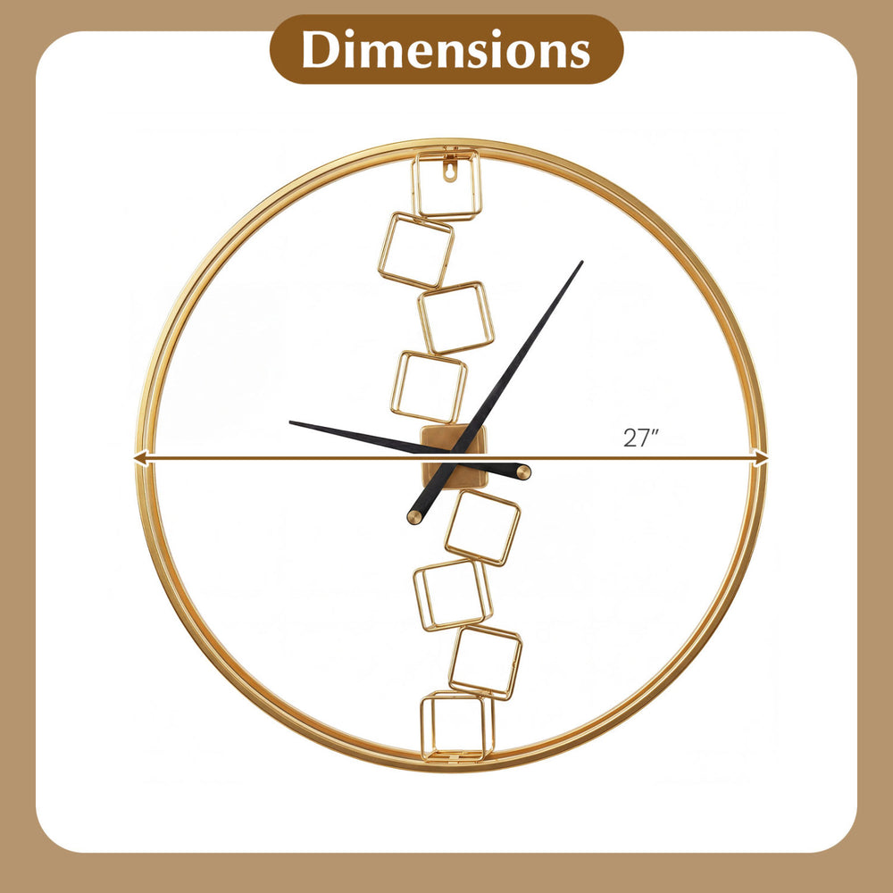 27-inch yellow wall clock with a robust metal frame and unique square design, ideal for living room or kitchen decor.