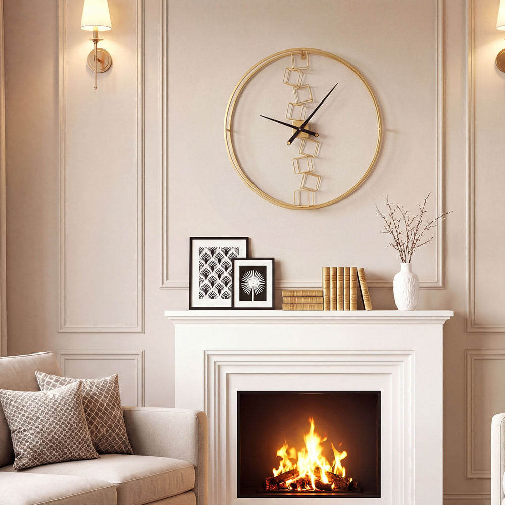 27-inch yellow wall clock with a robust metal frame, ideal for living room or bedroom decor.